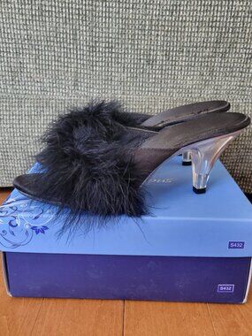 Pleaser Fabulicious Belle-301F Black Satin Marabou Fur Clear Heel Sandals Size 9